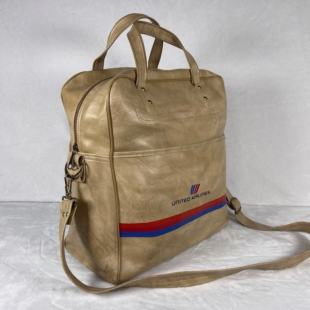 Vintage 70s United Airlines Faux Leather Carry On Bag Tan Tulip Logo Exclusive - Picture 2 of 11